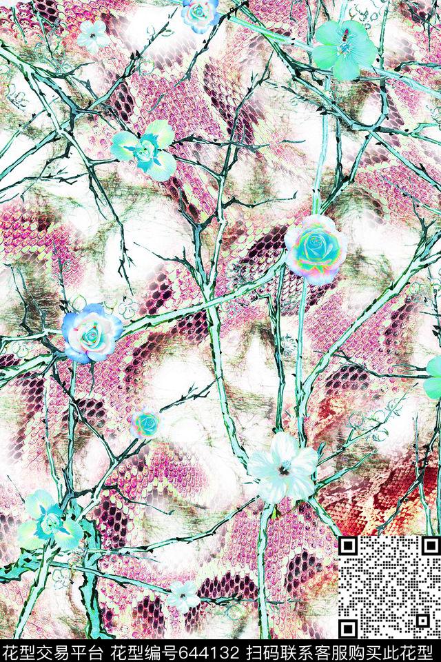 蛇皮树枝花卉数码印花华亿平台下载（图片编号: 644132） - 瓦栏（Walan）