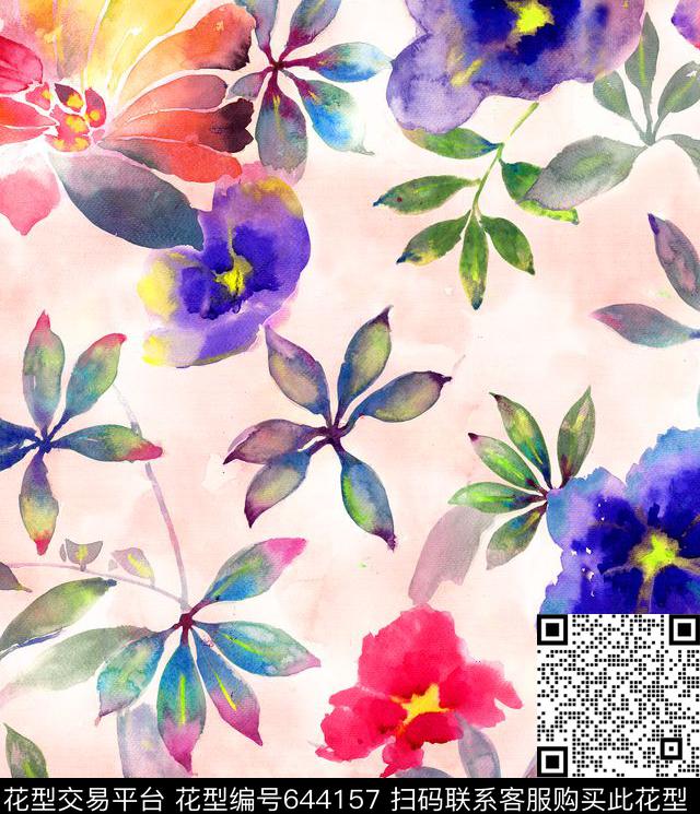 手绘花数码印花华亿平台下载（图片编号: 644157） - 瓦栏（Walan）