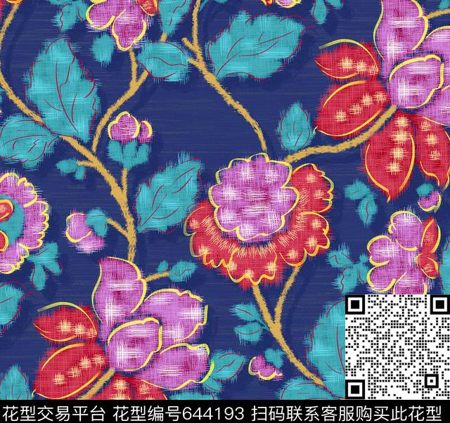 植物手绘花花卉数码印花华亿平台下载（图片编号: 644193） - 瓦栏（Walan）