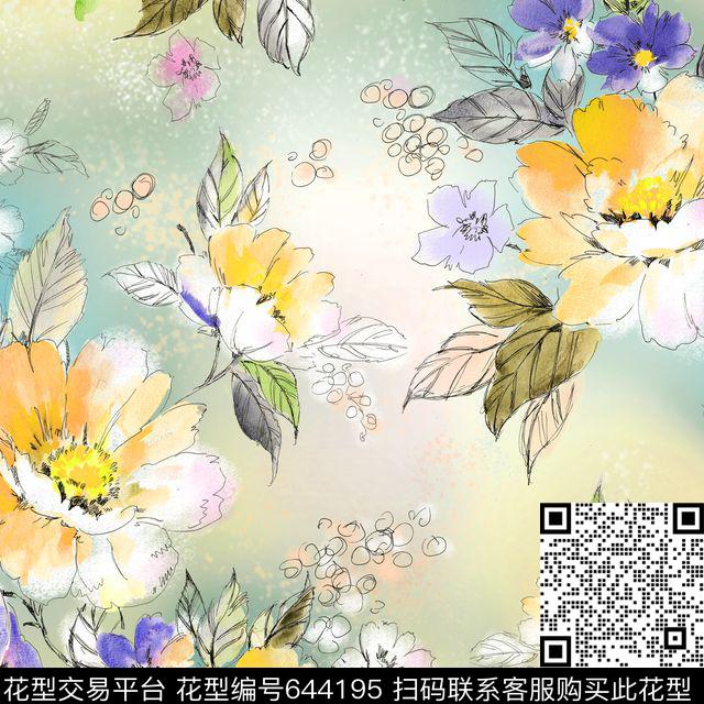 植物手绘花花卉数码印花华亿平台下载（图片编号: 644195） - 瓦栏（Walan）