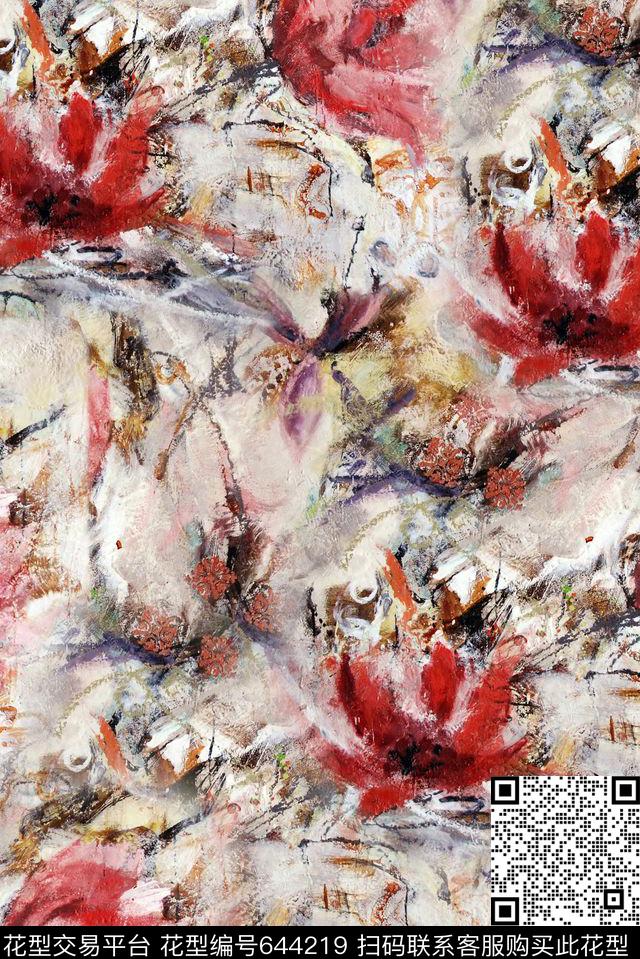 花卉油画抽象花卉数码印花华亿平台下载（图片编号: 644219） - 瓦栏（Walan）