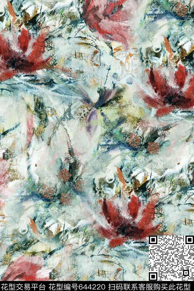 花卉油画抽象花卉数码印花华亿平台下载（图片编号: 644220） - 瓦栏（Walan）