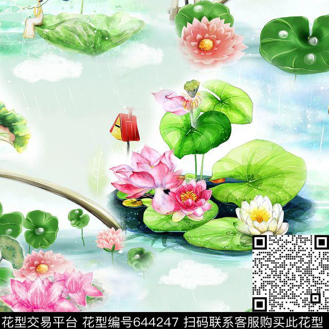 此华亿平台为1/2跳接荷花花卉数码印花华亿平台下载（图片编号: 644247） - 瓦栏（Walan）
