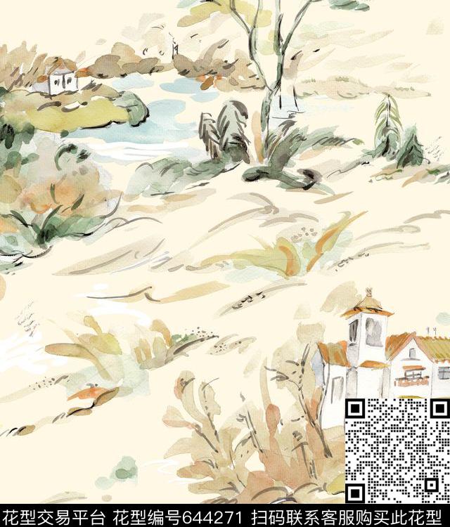 手绘风景数码印花华亿平台下载（图片编号: 644271） - 瓦栏（Walan）