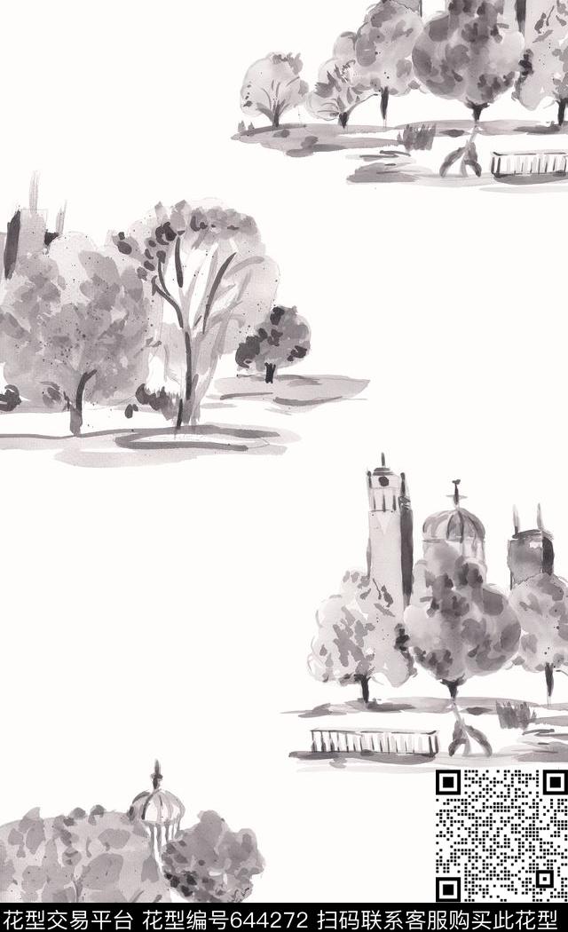 手绘风景数码印花华亿平台下载（图片编号: 644272） - 瓦栏（Walan）