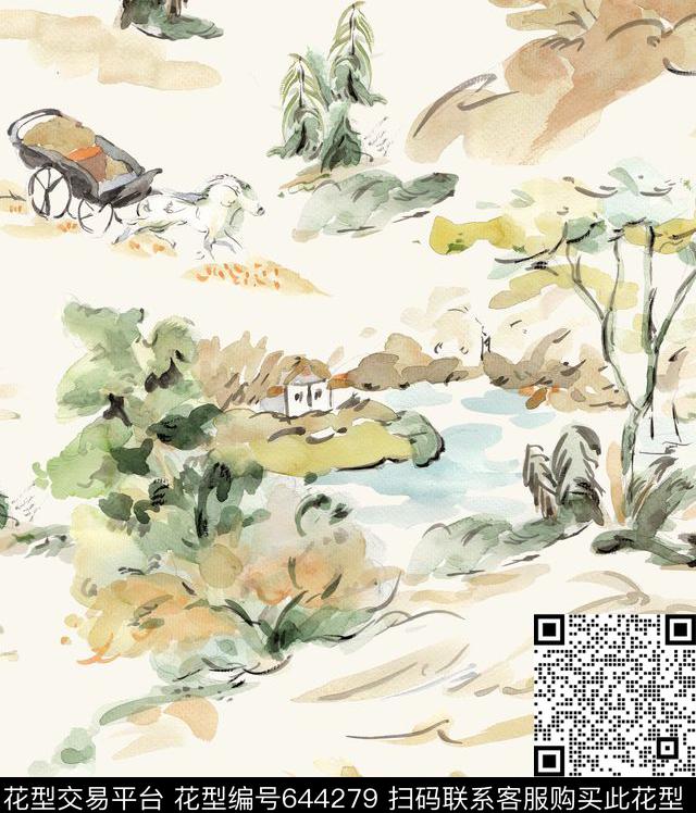 手绘风景数码印花华亿平台下载（图片编号: 644279） - 瓦栏（Walan）