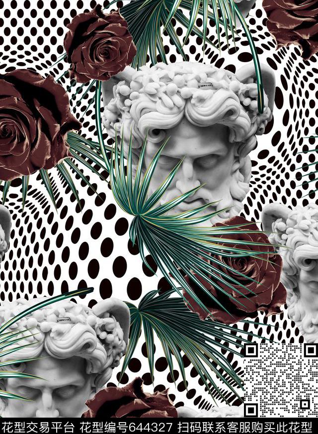 时尚男装印花抽象几何波点石膏人物头像数码印花华亿平台下载（图片编号: 644327） - 瓦栏（Walan）