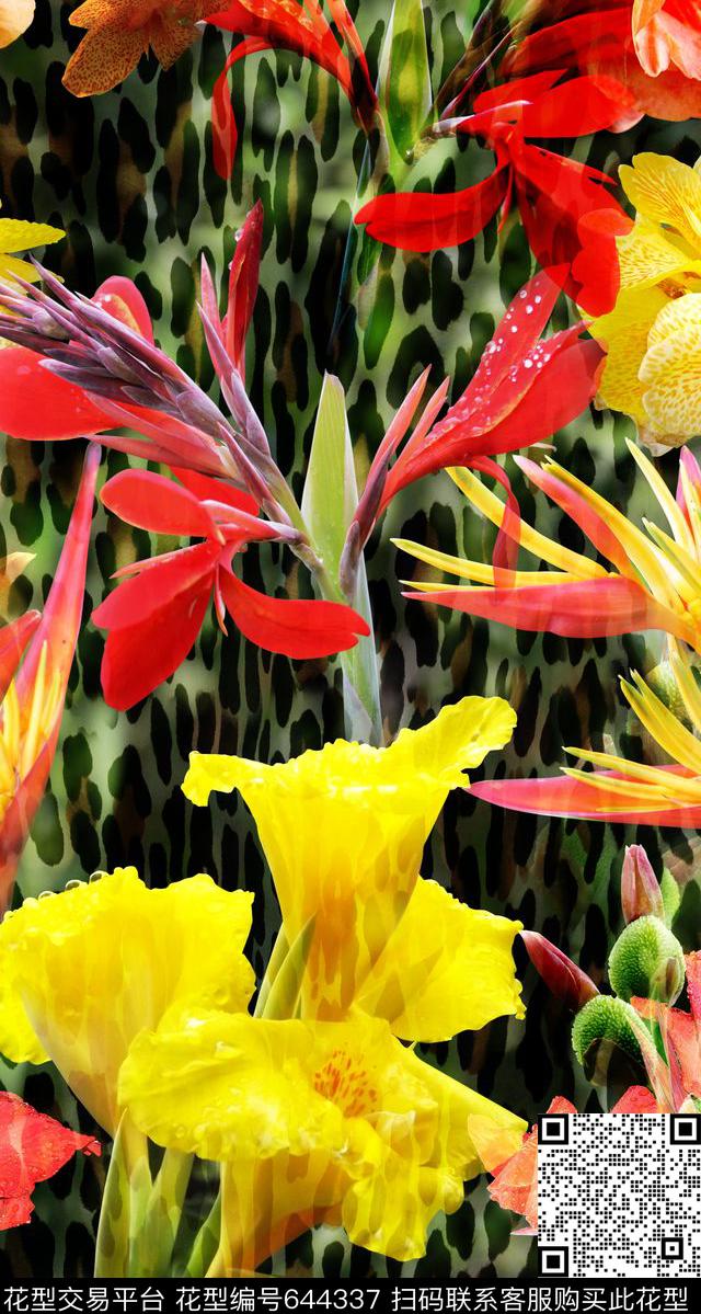 豹纹花卉热带风格大花数码印花华亿平台下载（图片编号: 644337） - 瓦栏（Walan）