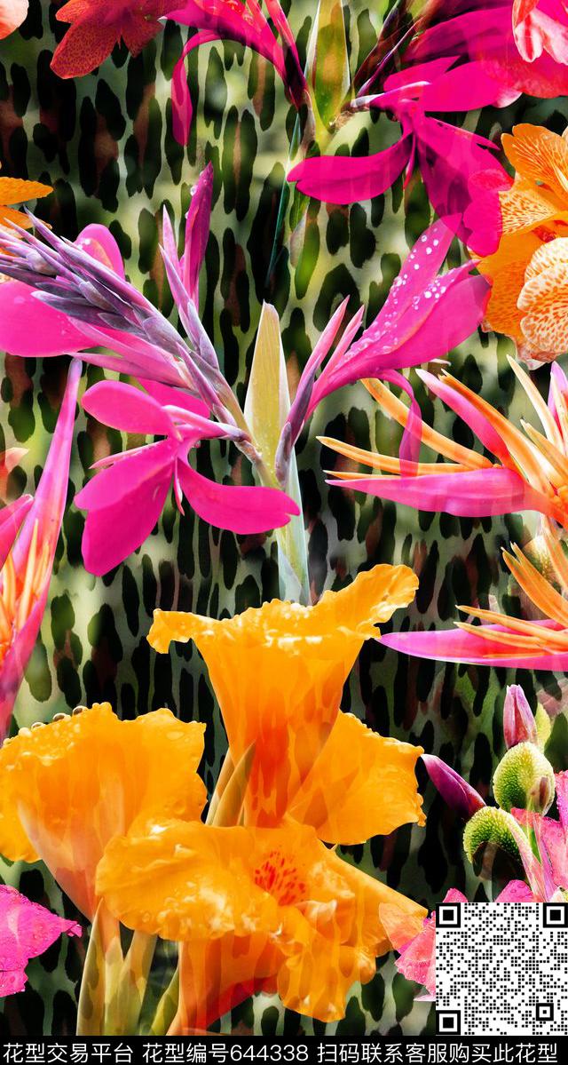 豹纹花卉热带风格大花数码印花华亿平台下载（图片编号: 644338） - 瓦栏（Walan）