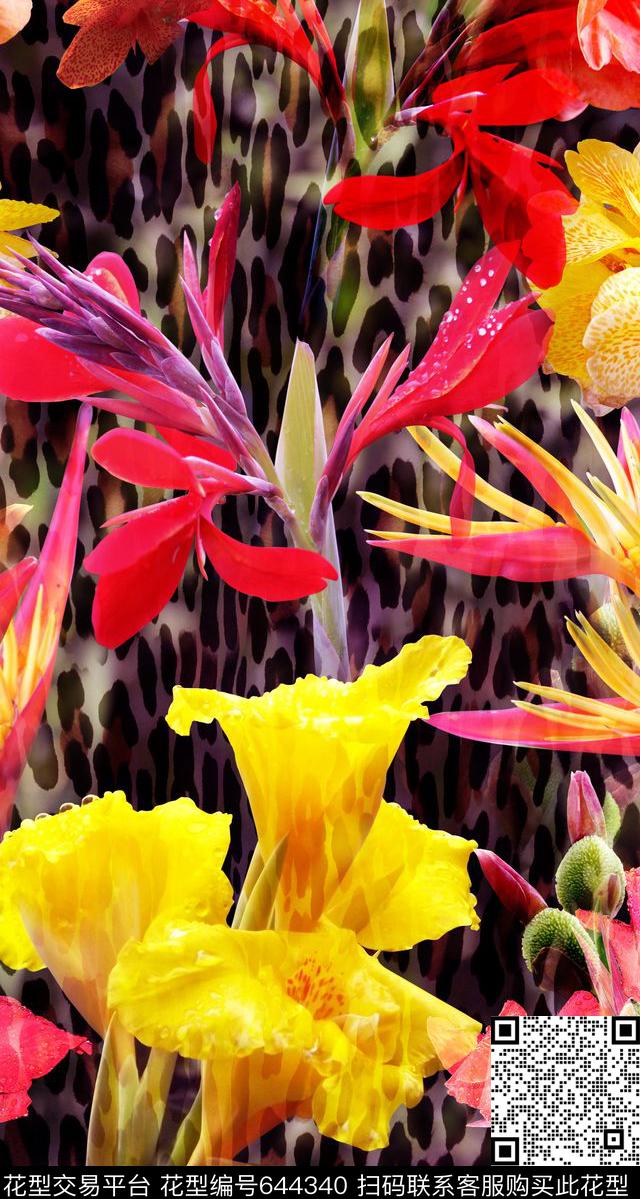 豹纹花卉热带风格大花数码印花华亿平台下载（图片编号: 644340） - 瓦栏（Walan）