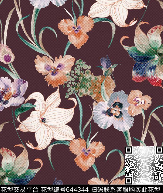 手绘花数码印花华亿平台下载（图片编号: 644344） - 瓦栏（Walan）
