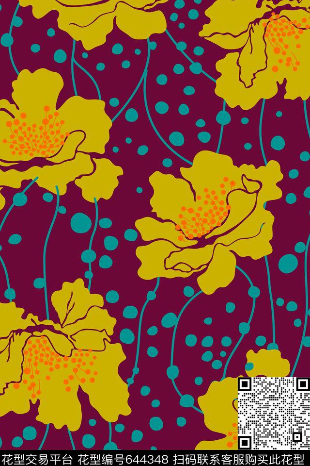 手绘·自然纹理大花花卉传统印花华亿平台下载（图片编号: 644348） - 瓦栏（Walan）