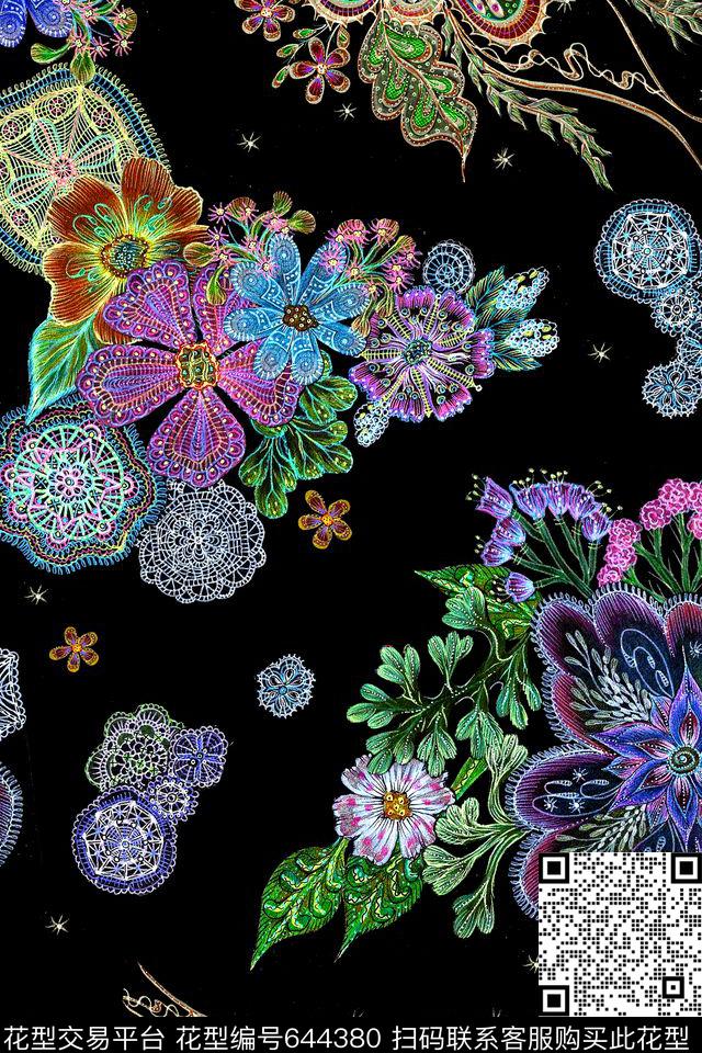 线描花卉图案数码印花华亿平台下载（图片编号: 644380） - 瓦栏（Walan）