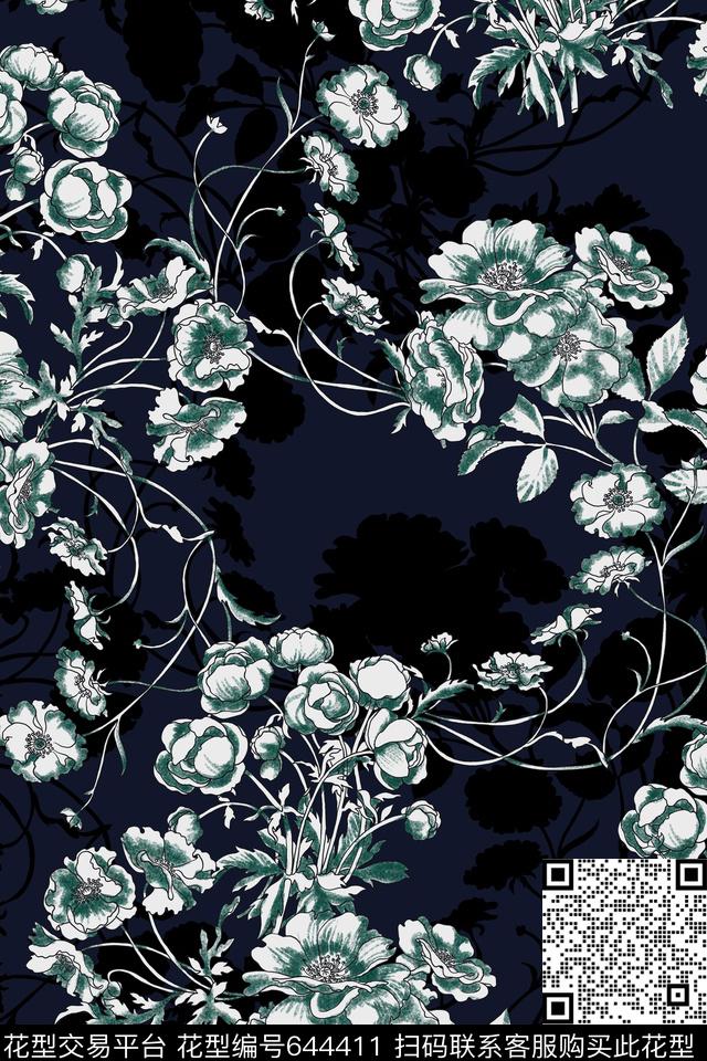 花卉热带黑底传统印花华亿平台下载（图片编号: 644411） - 瓦栏（Walan）
