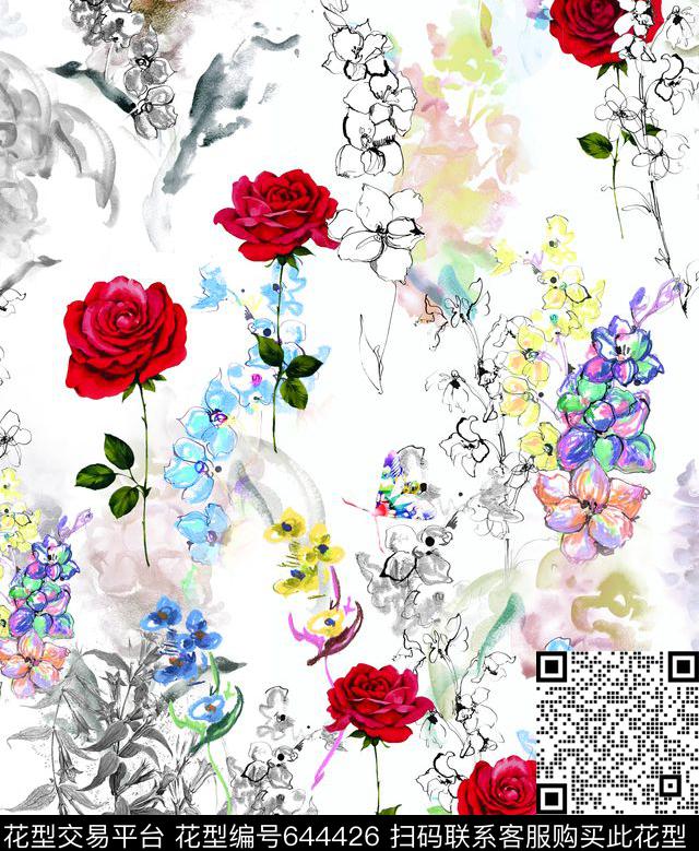 大花牡丹玫瑰数码印花华亿平台下载（图片编号: 644426） - 瓦栏（Walan）