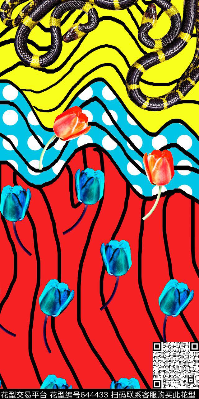 曲线波点花卉传统印花华亿平台下载（图片编号: 644433） - 瓦栏（Walan）