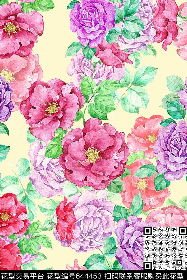 时尚抽象水彩花卉数码印花时尚潮流春夏手绘花朵印花时尚大牌女装裙子丝巾系列印花数码印花华亿平台下载（图片编号: 644453） - 瓦栏（Walan）