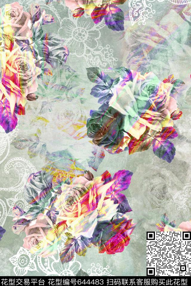 玫瑰大花花朵数码印花华亿平台下载（图片编号: 644483） - 瓦栏（Walan）
