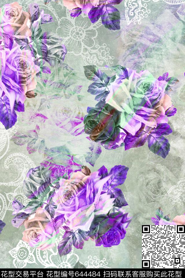玫瑰大花花朵数码印花华亿平台下载（图片编号: 644484） - 瓦栏（Walan）