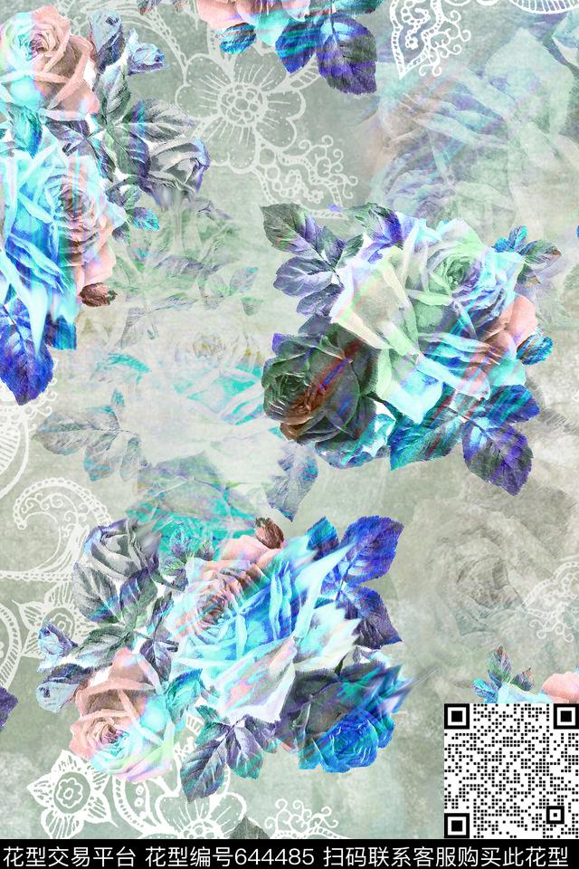 玫瑰大花花朵数码印花华亿平台下载（图片编号: 644485） - 瓦栏（Walan）
