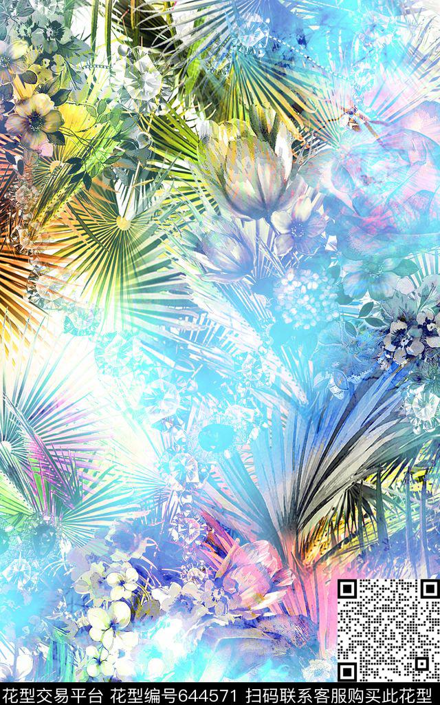 烟雾热带植物数码印花华亿平台下载（图片编号: 644571） - 瓦栏（Walan）