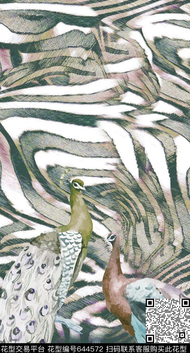 淡雅墨绿孔雀数码印花华亿平台下载（图片编号: 644572） - 瓦栏（Walan）