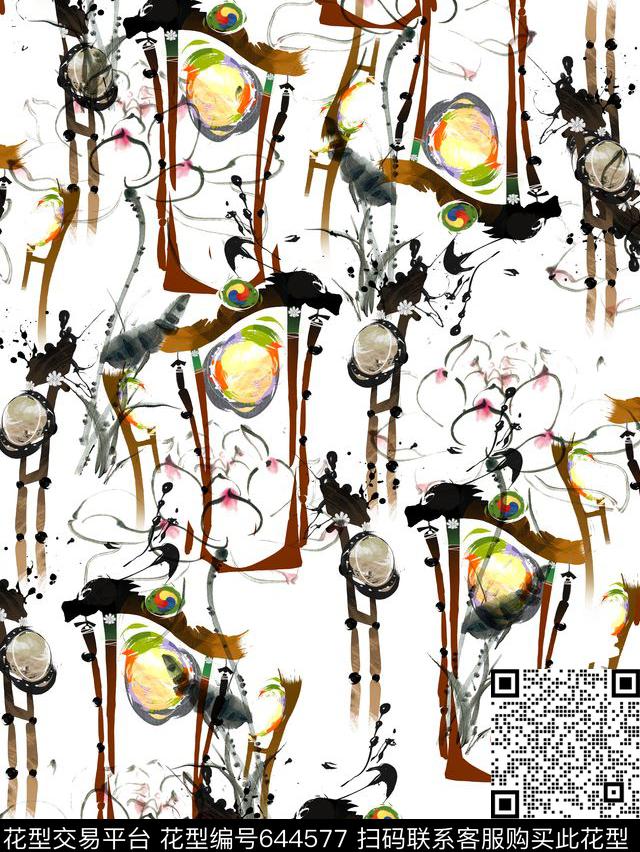 手绘、荷花、鼓架数码印花华亿平台下载（图片编号: 644577） - 瓦栏（Walan）