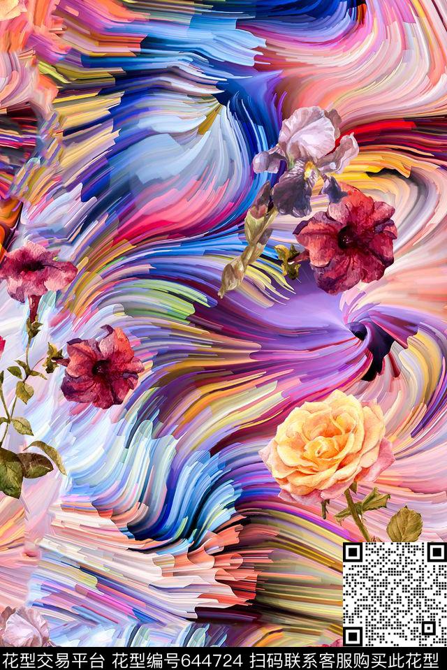 花卉几何玫瑰数码印花华亿平台下载（图片编号: 644724） - 瓦栏（Walan）