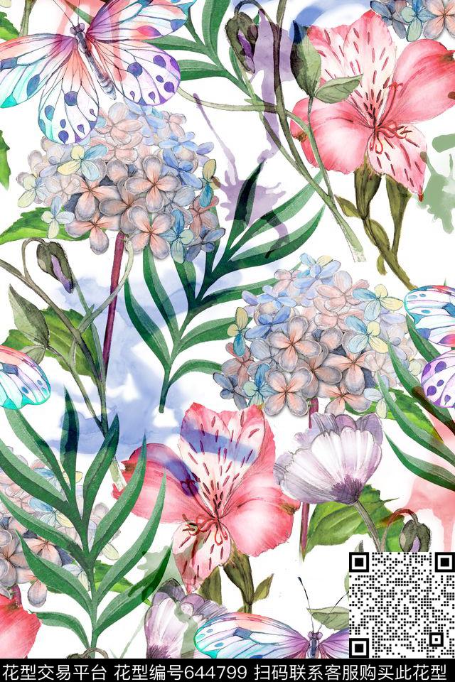 花卉水彩风绣球花数码印花华亿平台下载（图片编号: 644799） - 瓦栏（Walan）