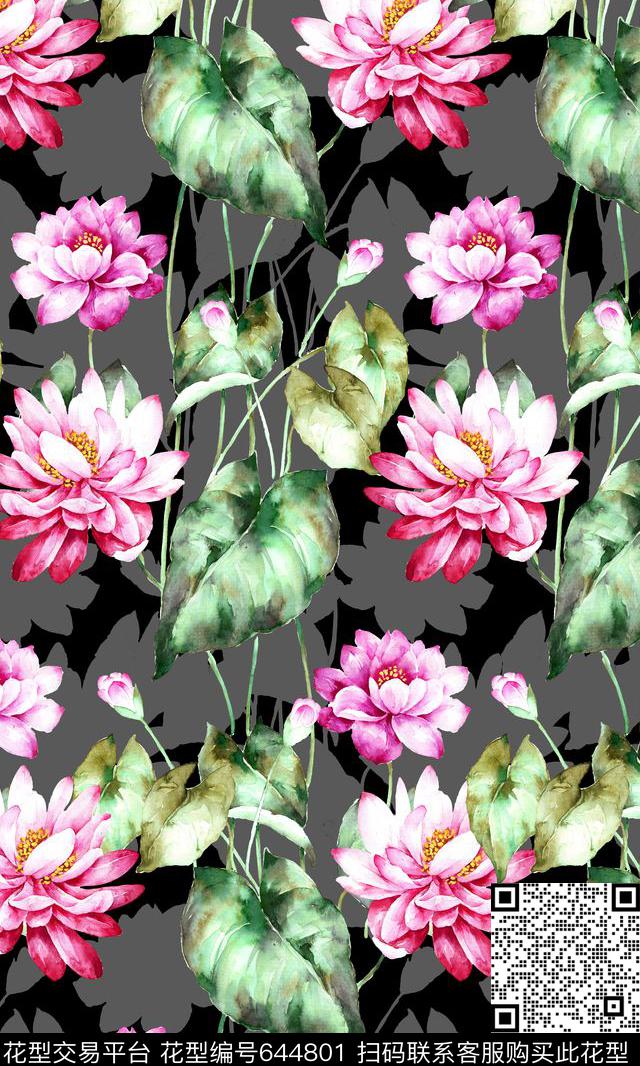 水彩手绘叶子大花数码印花华亿平台下载（图片编号: 644801） - 瓦栏（Walan）