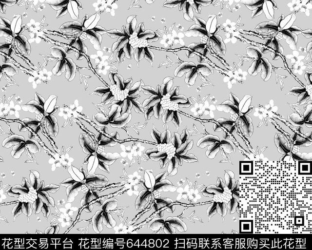 黑白花卉中国风花鸟画数码印花华亿平台下载（图片编号: 644802） - 瓦栏（Walan）