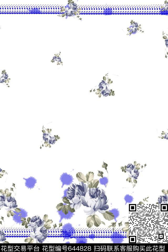 笔触花朵花卉数码印花华亿平台下载（图片编号: 644828） - 瓦栏（Walan）