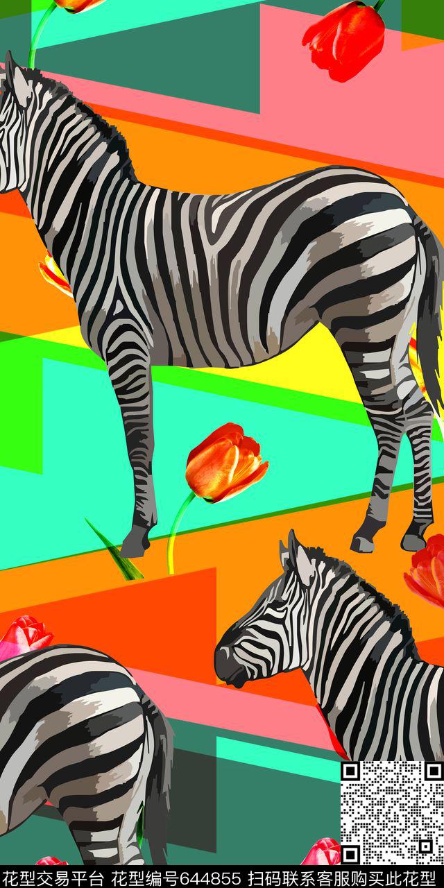 几何条纹色块花卉郁金香传统印花华亿平台下载（图片编号: 644855） - 瓦栏（Walan）