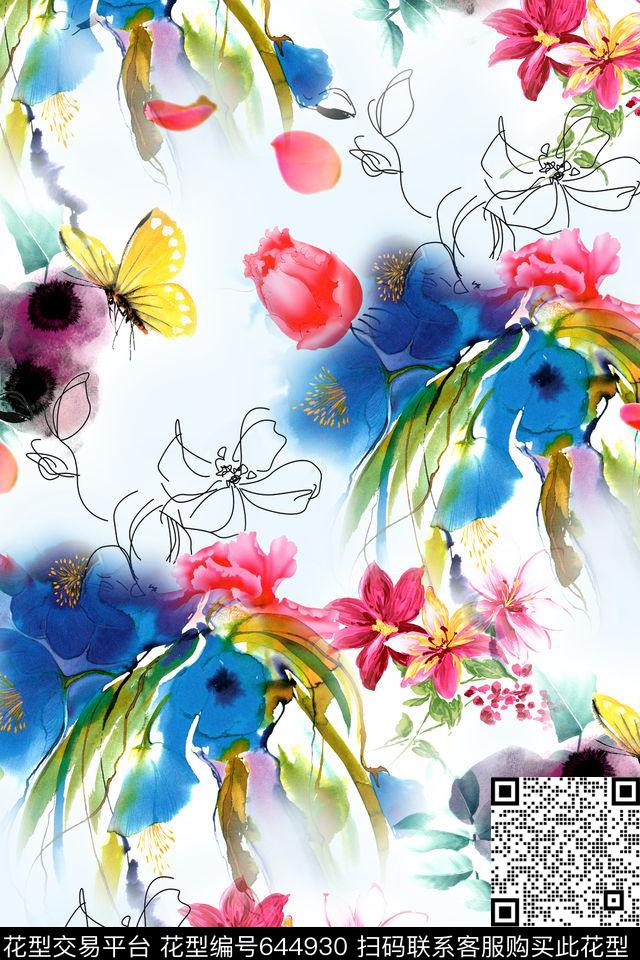时尚手绘水彩数码印花华亿平台下载（图片编号: 644930） - 瓦栏（Walan）