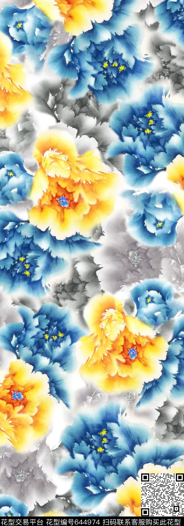 定位丝巾长巾华亿平台牡丹花水彩数码印花华亿平台下载（图片编号: 644974） - 瓦栏（Walan）
