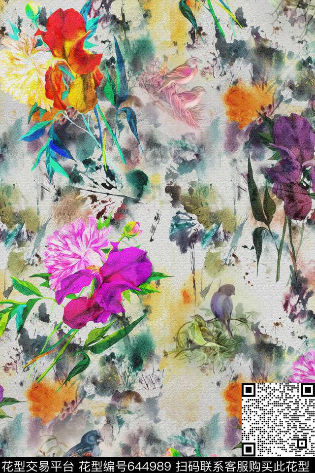 水彩花鸟花卉数码印花华亿平台下载（图片编号: 644989） - 瓦栏（Walan）
