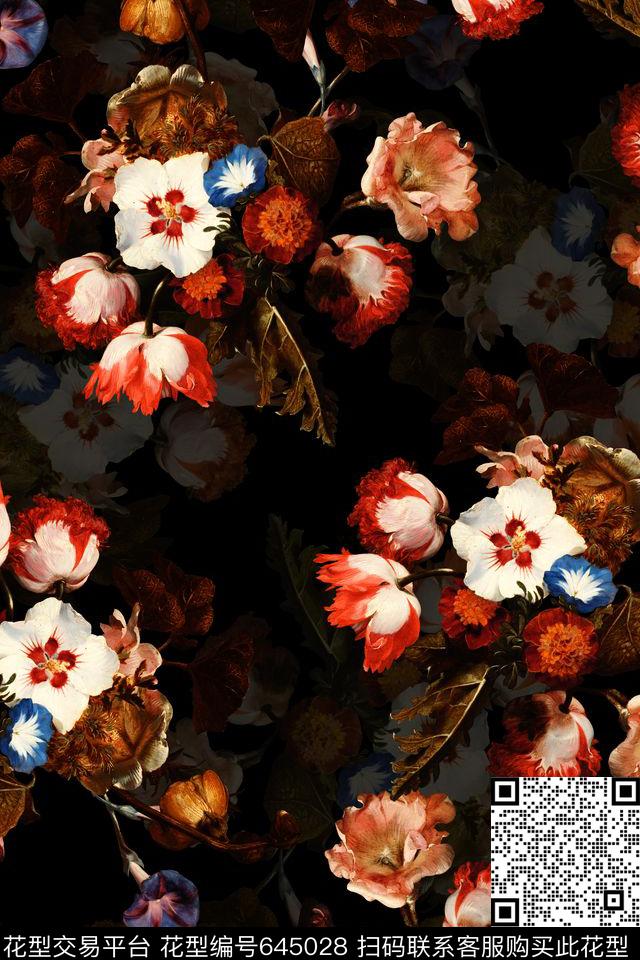 油画花卉黑底秋冬数码印花华亿平台下载（图片编号: 645028） - 瓦栏（Walan）