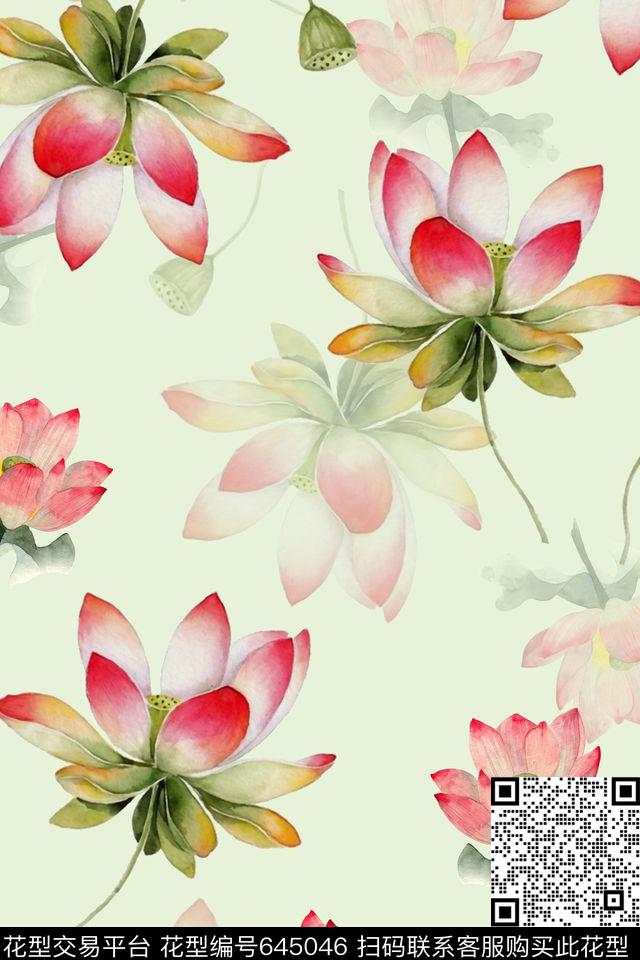 水彩花卉荷花数码印花华亿平台下载（图片编号: 645046） - 瓦栏（Walan）