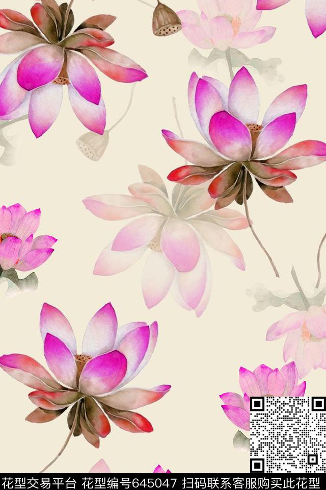 水彩花卉荷花数码印花华亿平台下载（图片编号: 645047） - 瓦栏（Walan）