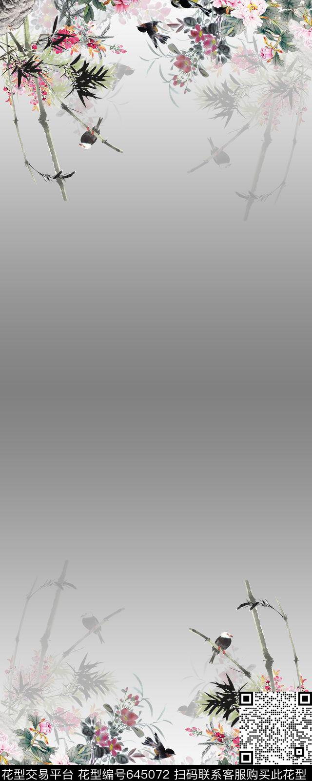 竹叶花朵花卉数码印花华亿平台下载（图片编号: 645072） - 瓦栏（Walan）