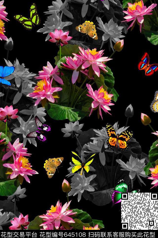 花卉蝴蝶。荷花数码印花华亿平台下载（图片编号: 645108） - 瓦栏（Walan）