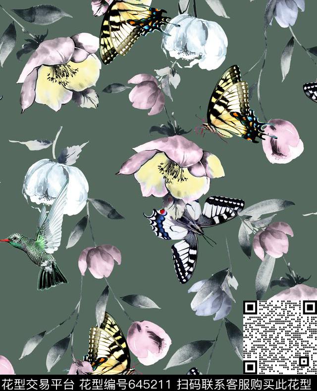 花卉蝴蝶鸟数码印花华亿平台下载（图片编号: 645211） - 瓦栏（Walan）