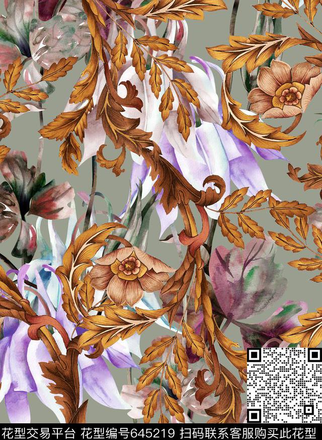 手绘花卉金属数码印花华亿平台下载（图片编号: 645219） - 瓦栏（Walan）