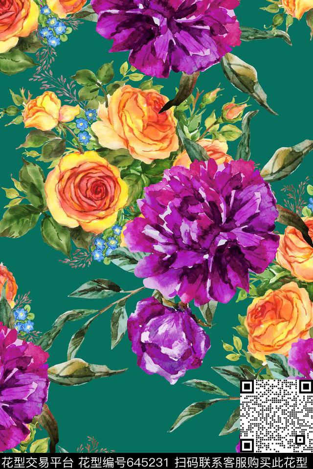 大朵手绘水彩数码印花华亿平台下载（图片编号: 645231） - 瓦栏（Walan）