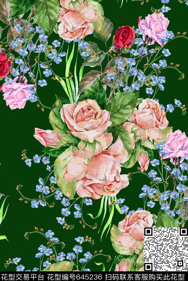 藏青手绘花卉数码印花华亿平台下载（图片编号: 645236） - 瓦栏（Walan）