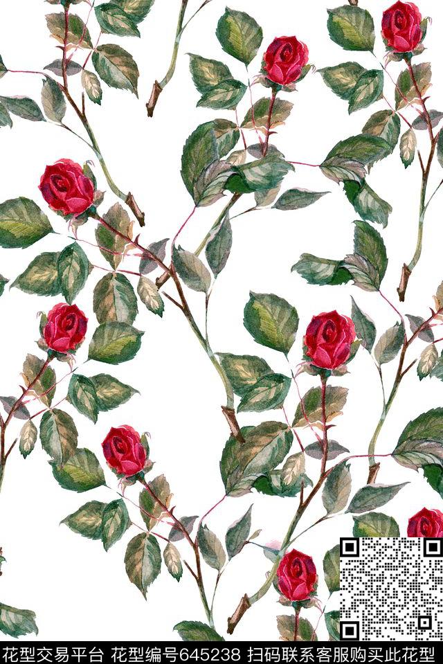 手绘单支玫瑰花数码印花华亿平台下载（图片编号: 645238） - 瓦栏（Walan）