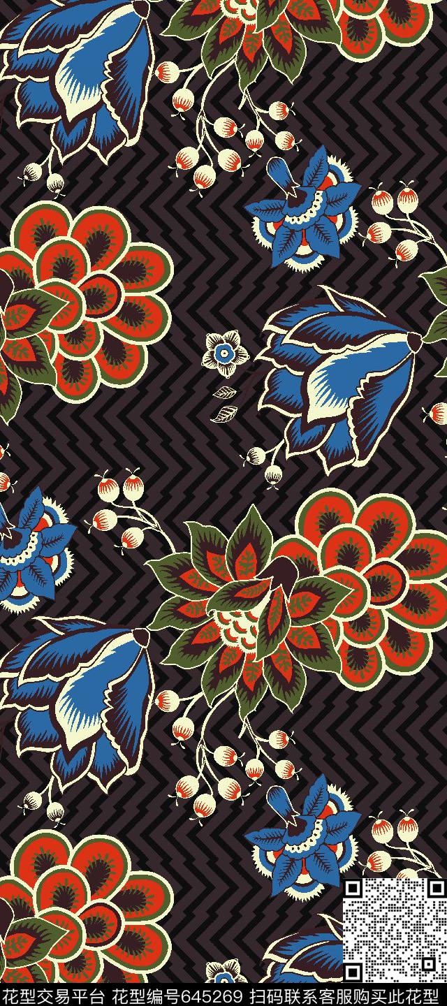 民族风传统花朵与几何图案组合几何肌理纹样传统印花华亿平台下载（图片编号: 645269） - 瓦栏（Walan）