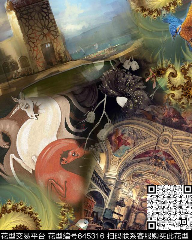 建筑风景马数码印花华亿平台下载（图片编号: 645316） - 瓦栏（Walan）