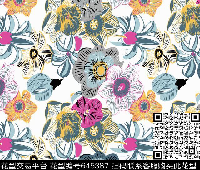 乱花抽象大花传统印花华亿平台下载（图片编号: 645387） - 瓦栏（Walan）