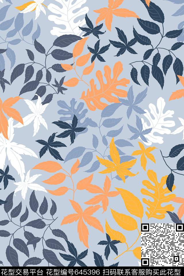 L.D~花卉L.D~手绘叶子传统印花华亿平台下载（图片编号: 645396） - 瓦栏（Walan）